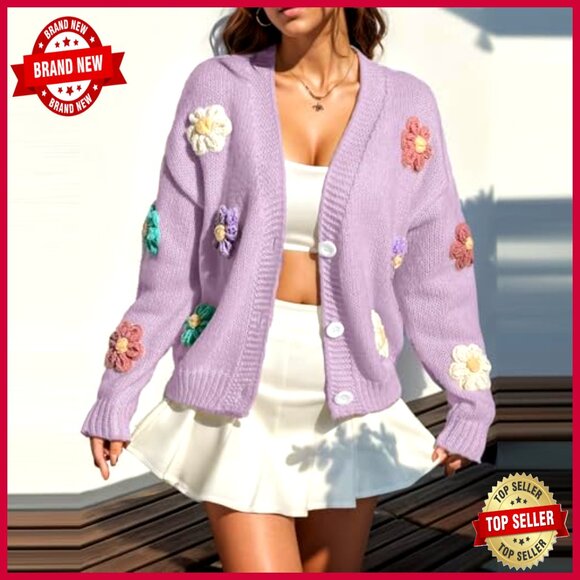 Floral Print Cardigan Long Sleeve Button Up Lightweight Sweater - Picture 3 of 7